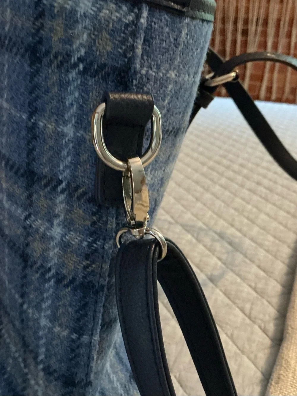 Harris Tweed Blue Plaid Tote Bag with navy Trim